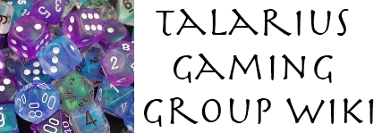 A pile of pastel-colored dice next to text saying Talarius Gaming Group Wiki